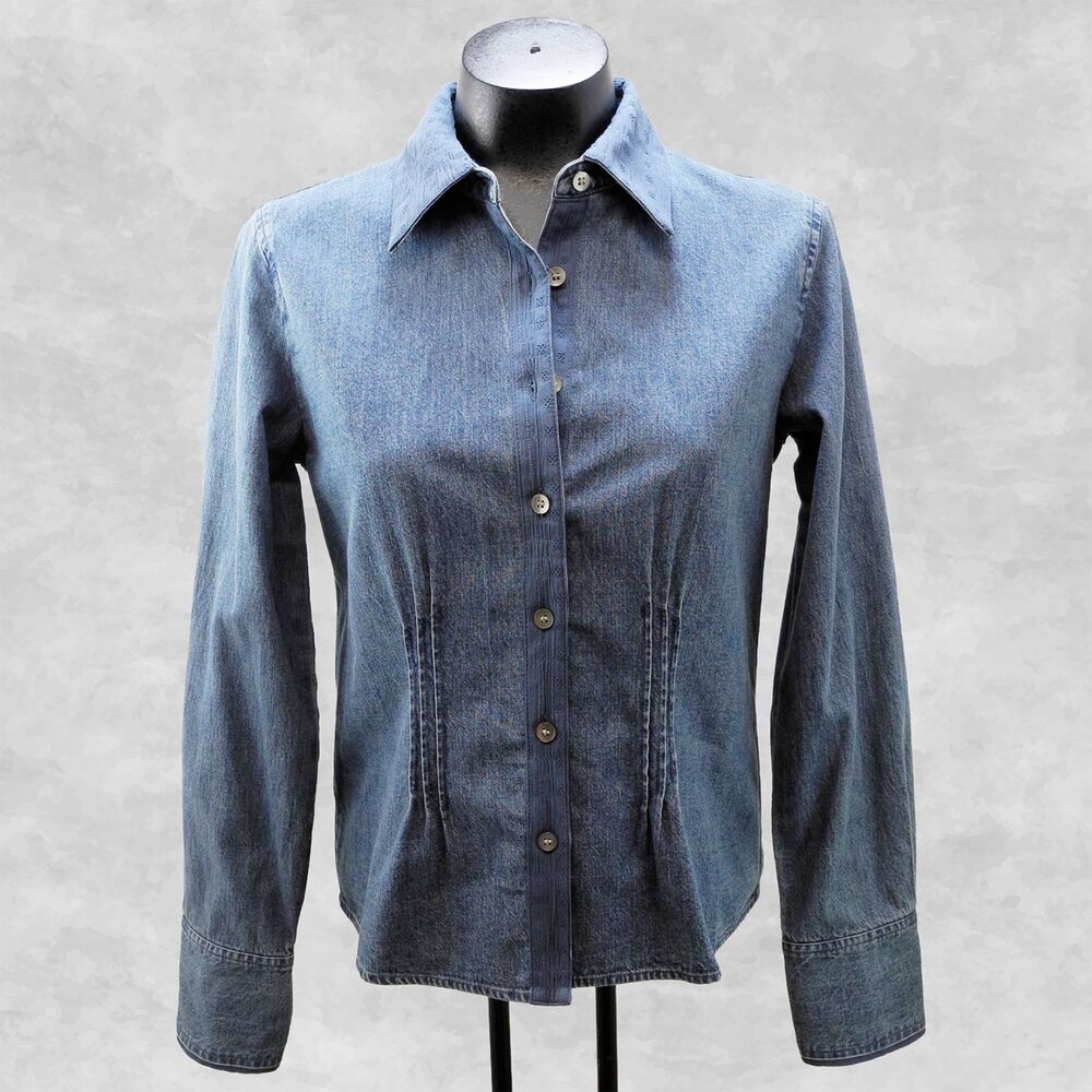 J. Jill Denim Shirt Women's XS Blue Button Front Long Sleeve Pintuck Tailored